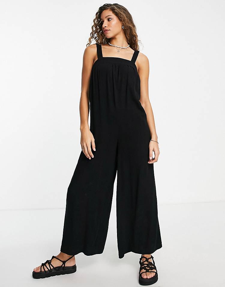 Topshop linen square neck romper jumpsuit in black